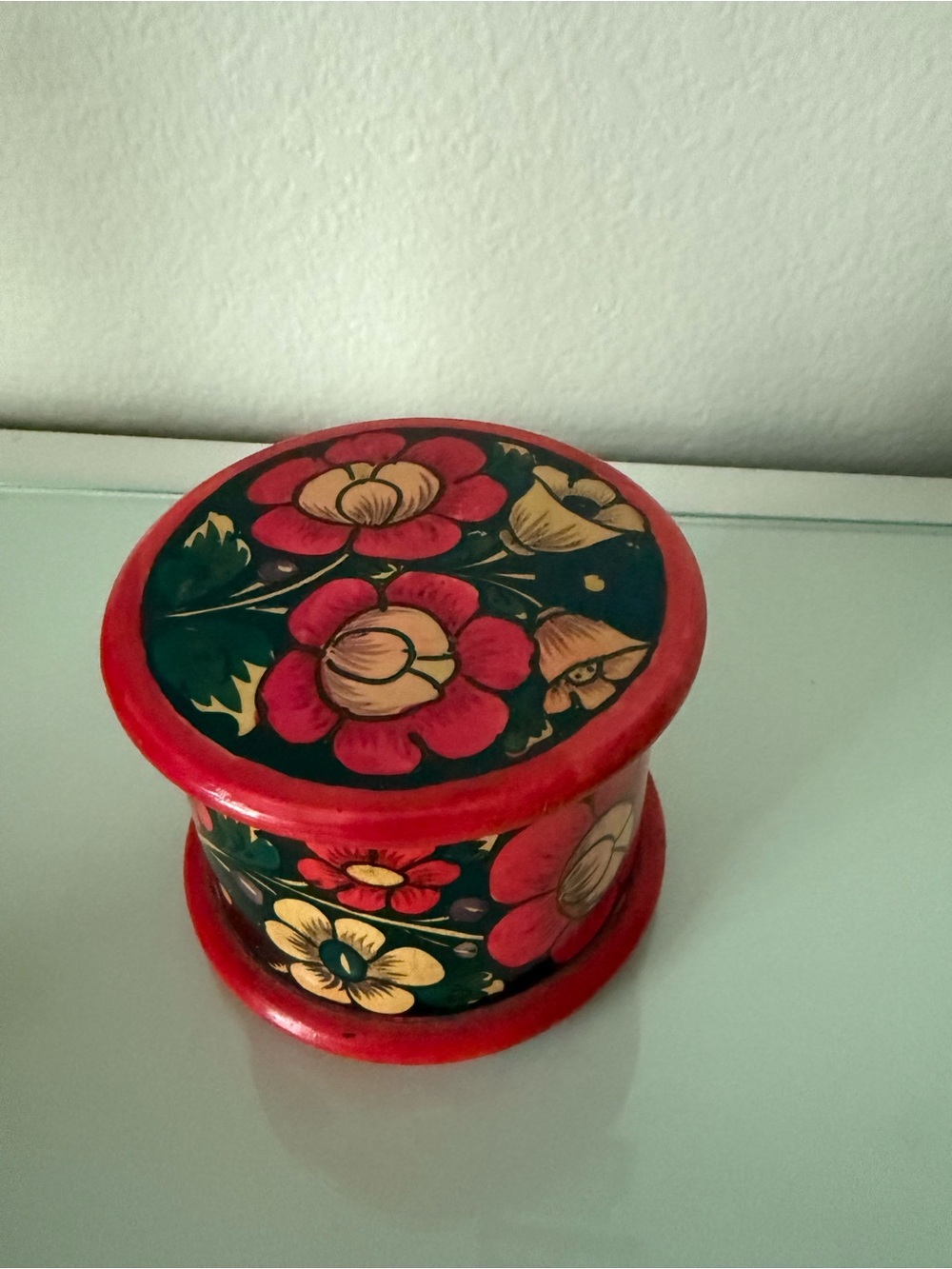 Semenov USSR Hand-Painted Floral Decorative Box in Red and Green